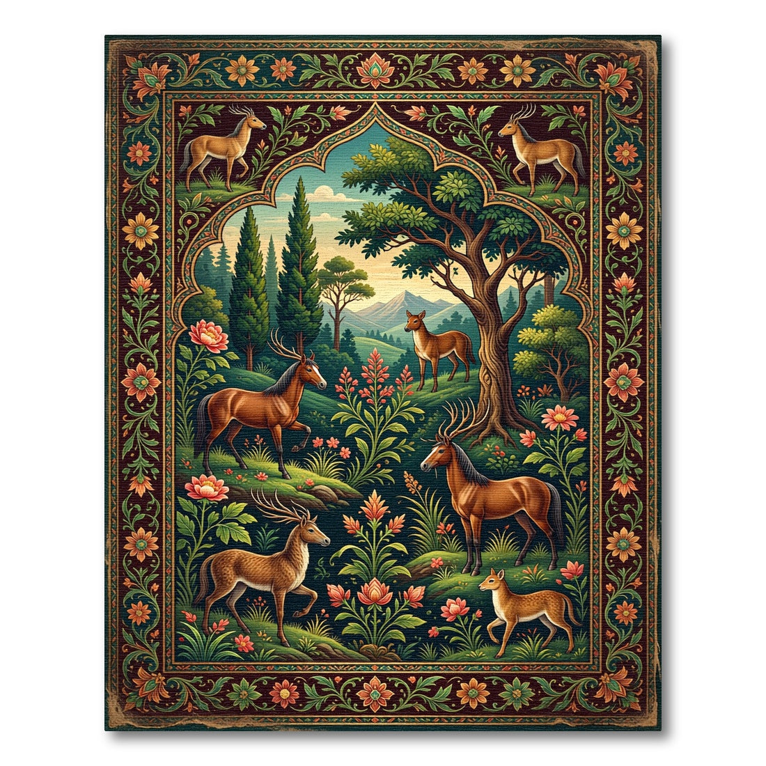 Ornate Woodland Deer Floral Landscape Art Rug