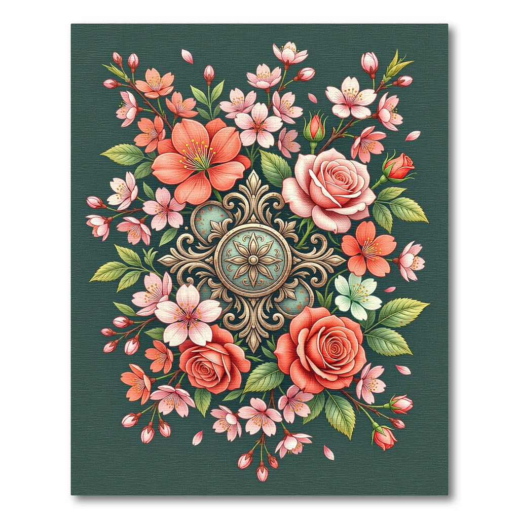 Elegant Rose and Cherry Blossom Medallion Rug