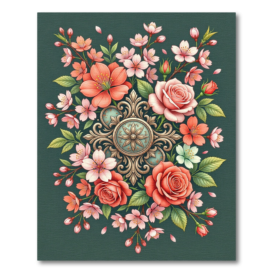 Elegant Rose and Cherry Blossom Medallion Rug