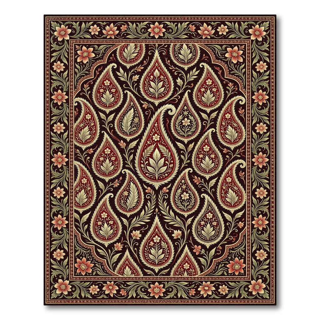 Rich Crimson Paisley Floral Border Rug