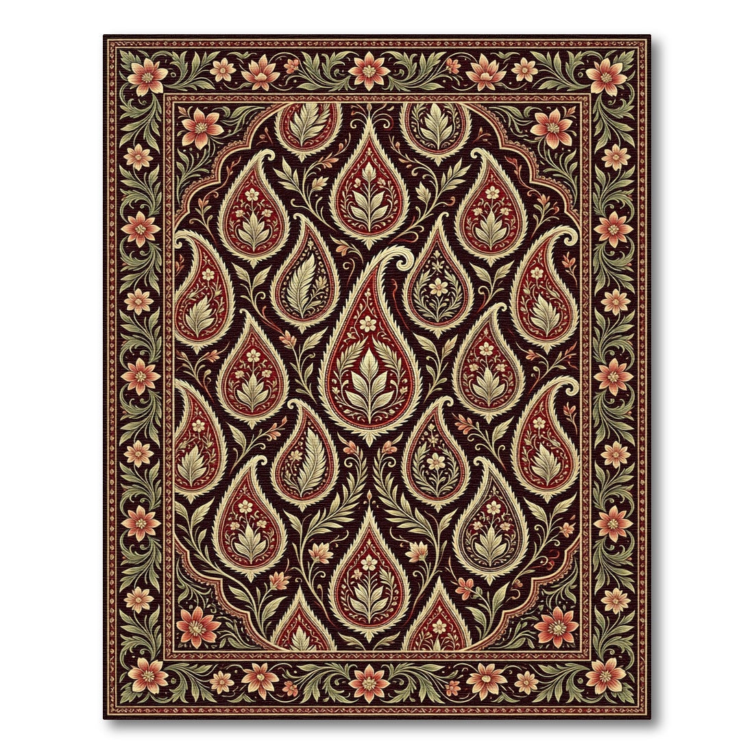 Rich Crimson Paisley Floral Border Rug