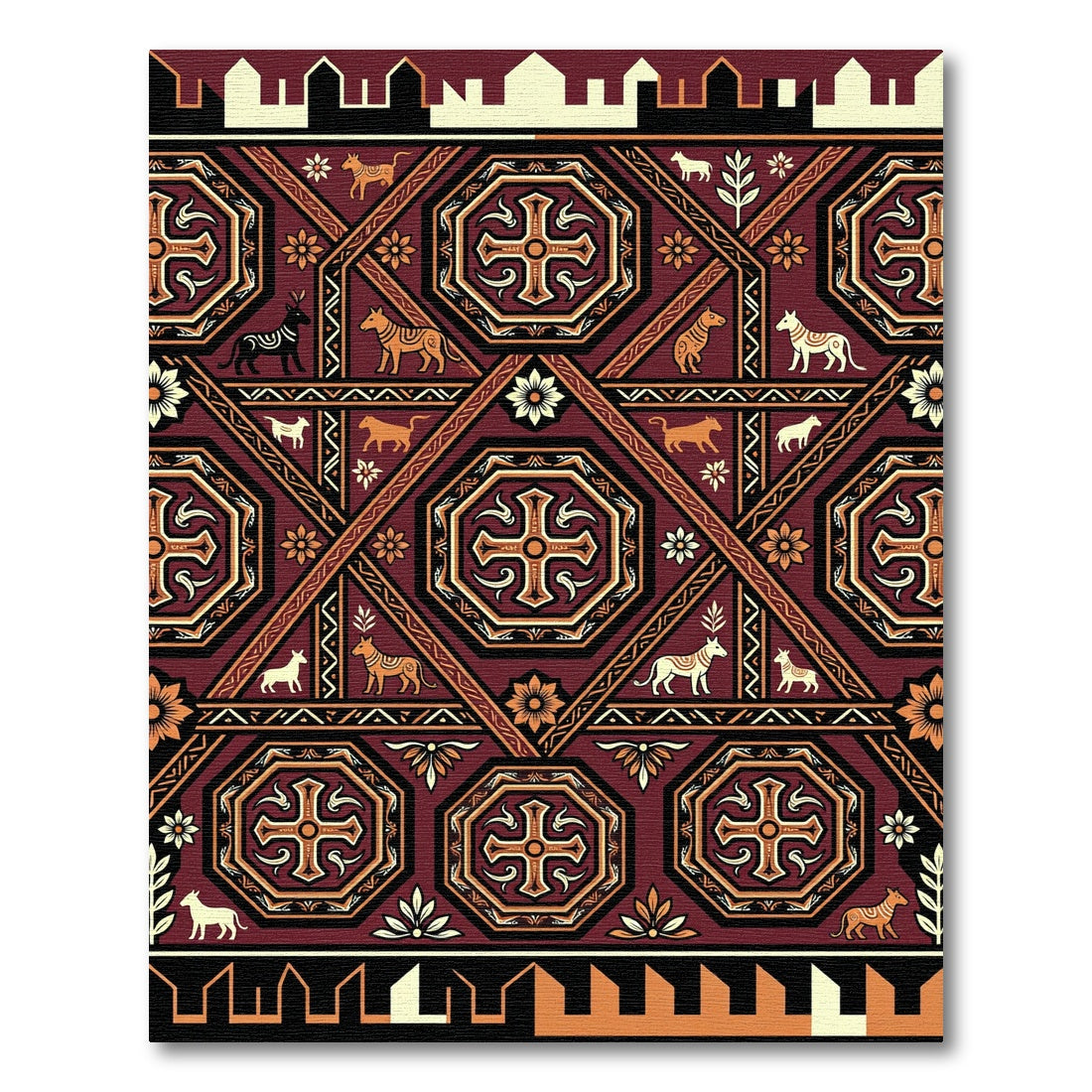 Deep Red Golden Animal Medallion Rug