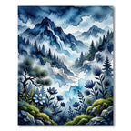 Misty Blue Mountain Waterfall Forest Flora Rug