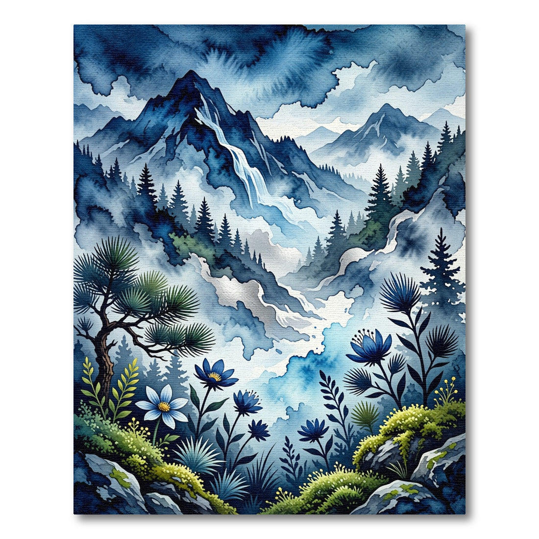 Misty Blue Mountain Waterfall Forest Flora Rug