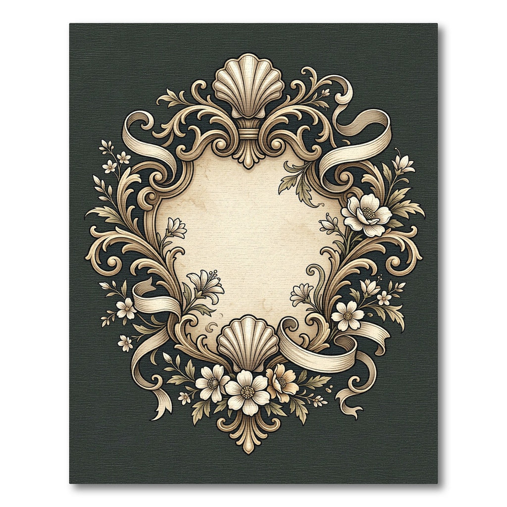 Ornate Floral Scrollwork Shell Vignette Rug