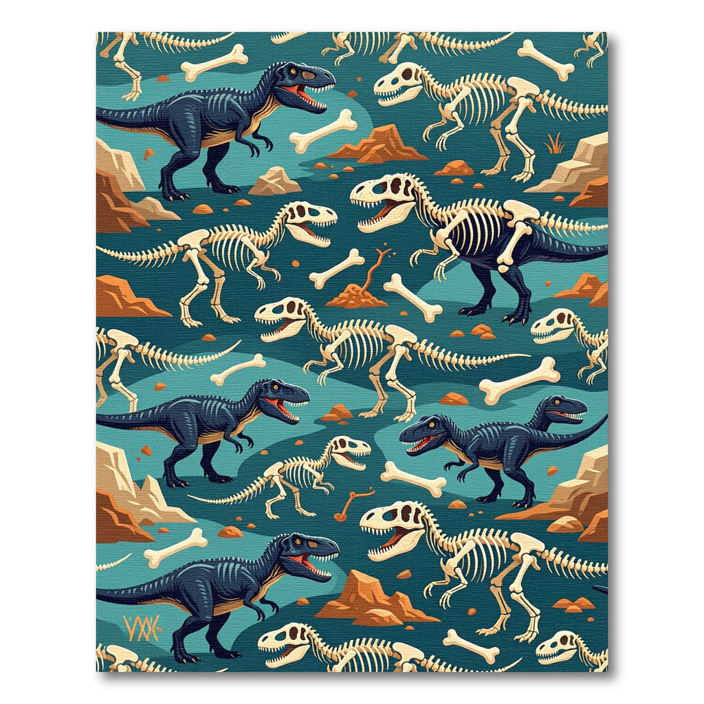 Dino Fossil Teal Earthy Bone Illustration Rug
