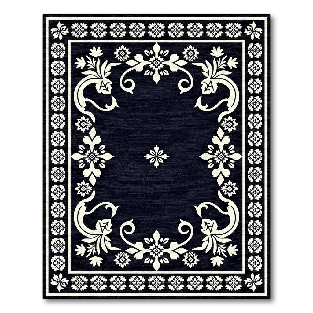 Cream Floral Medallion Indigo Border Rug
