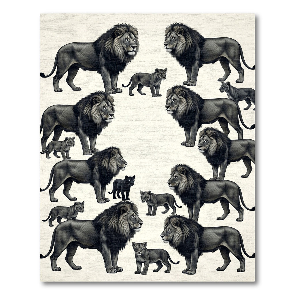 Monochromatic Lion Family Charcoal Art Rug