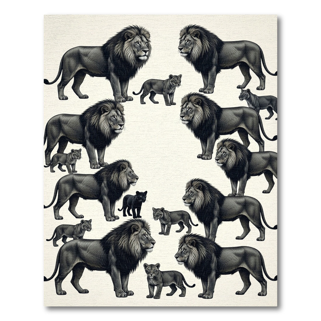 Monochromatic Lion Family Charcoal Art Rug