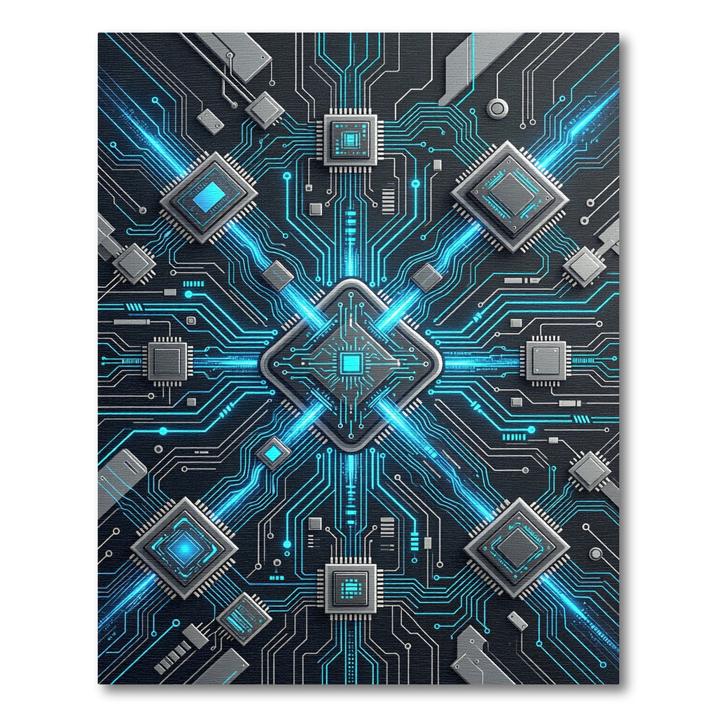 Neon Blue Cyber Circuit Grid Rug