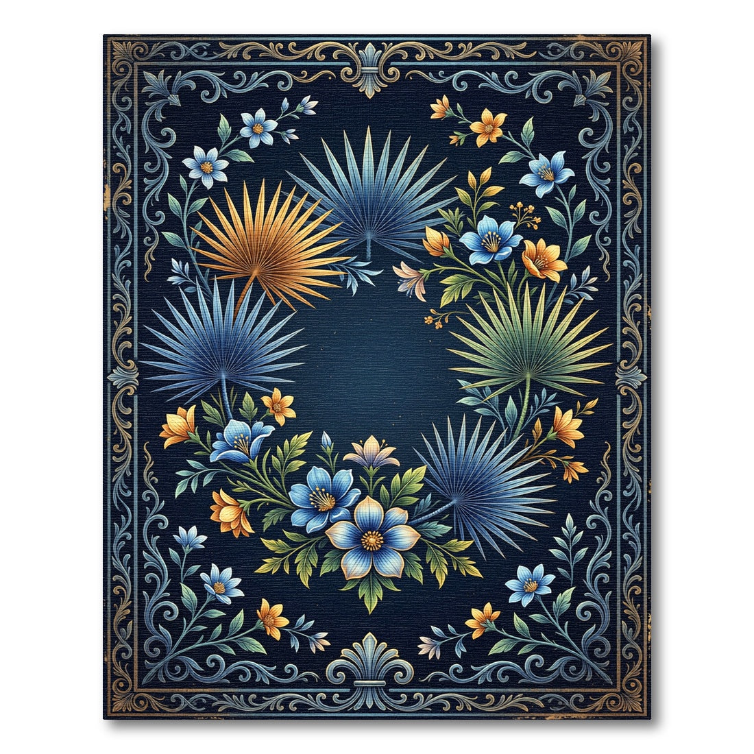 Art Deco Blue Gold Tropical Floral Rug