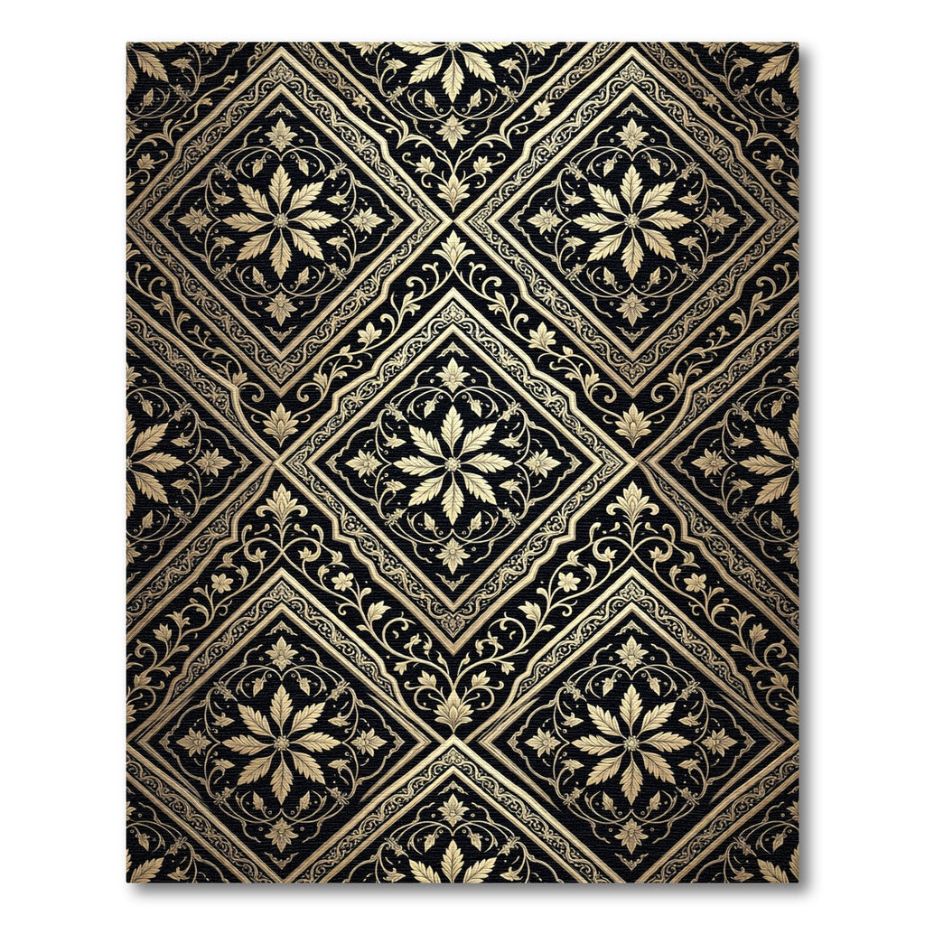 Black Gold Floral Medallion Damask Rug