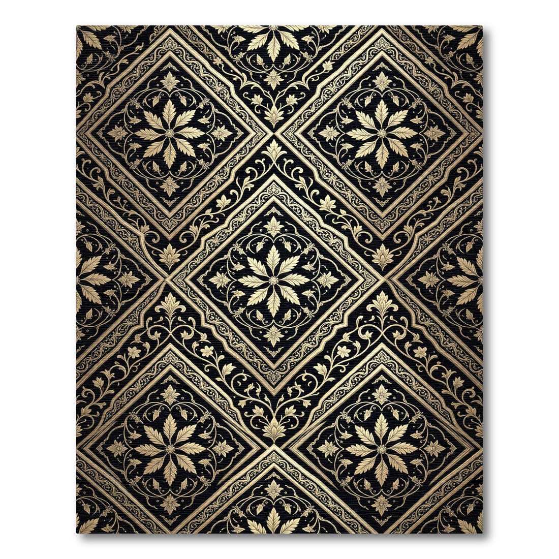 Black Gold Floral Medallion Damask Rug