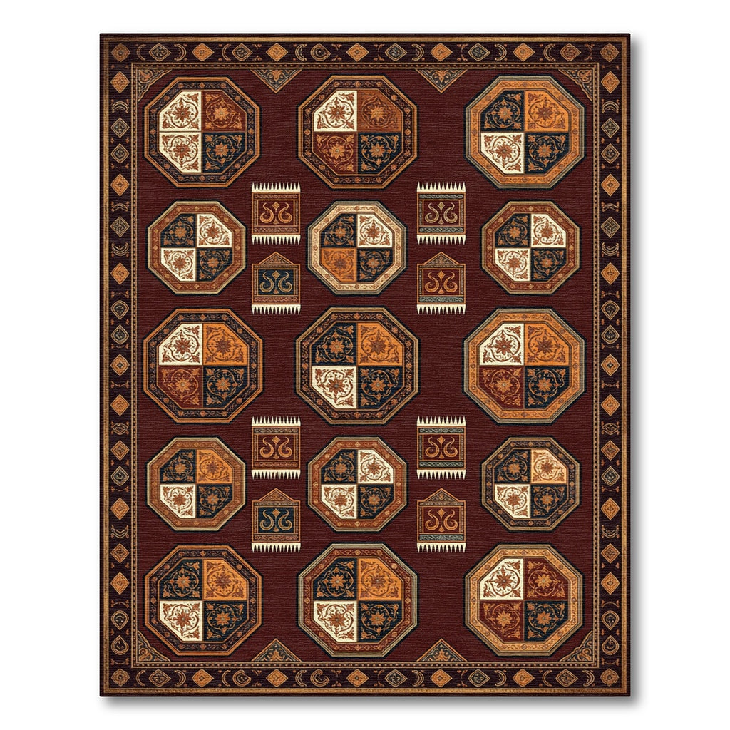 Octagonal Damask Medallion Deep Burgundy Rug