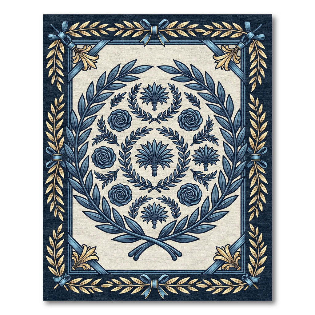 Grand Blue Gold Laurel Rose Wreath Rug
