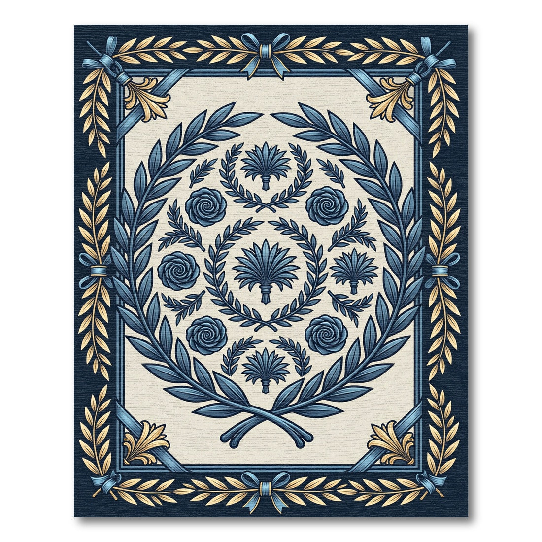 Grand Blue Gold Laurel Rose Wreath Rug