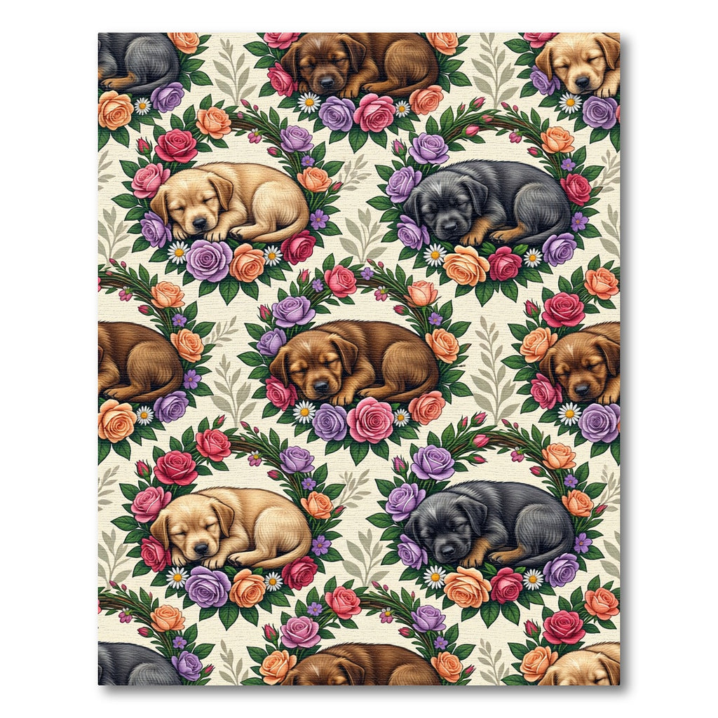 Sleeping Puppy Floral Rose Wreath Rug