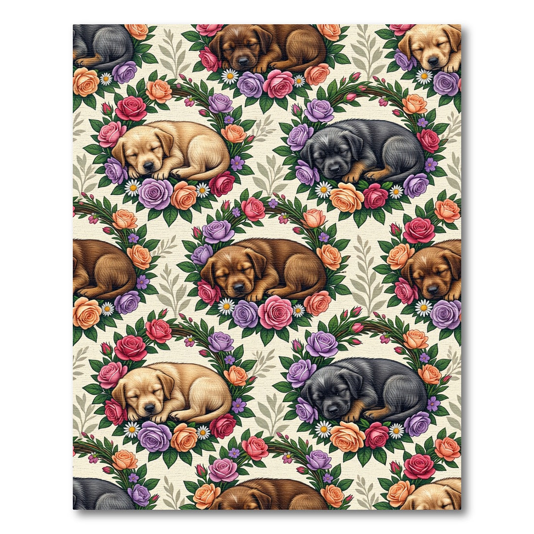 Sleeping Puppy Floral Rose Wreath Rug