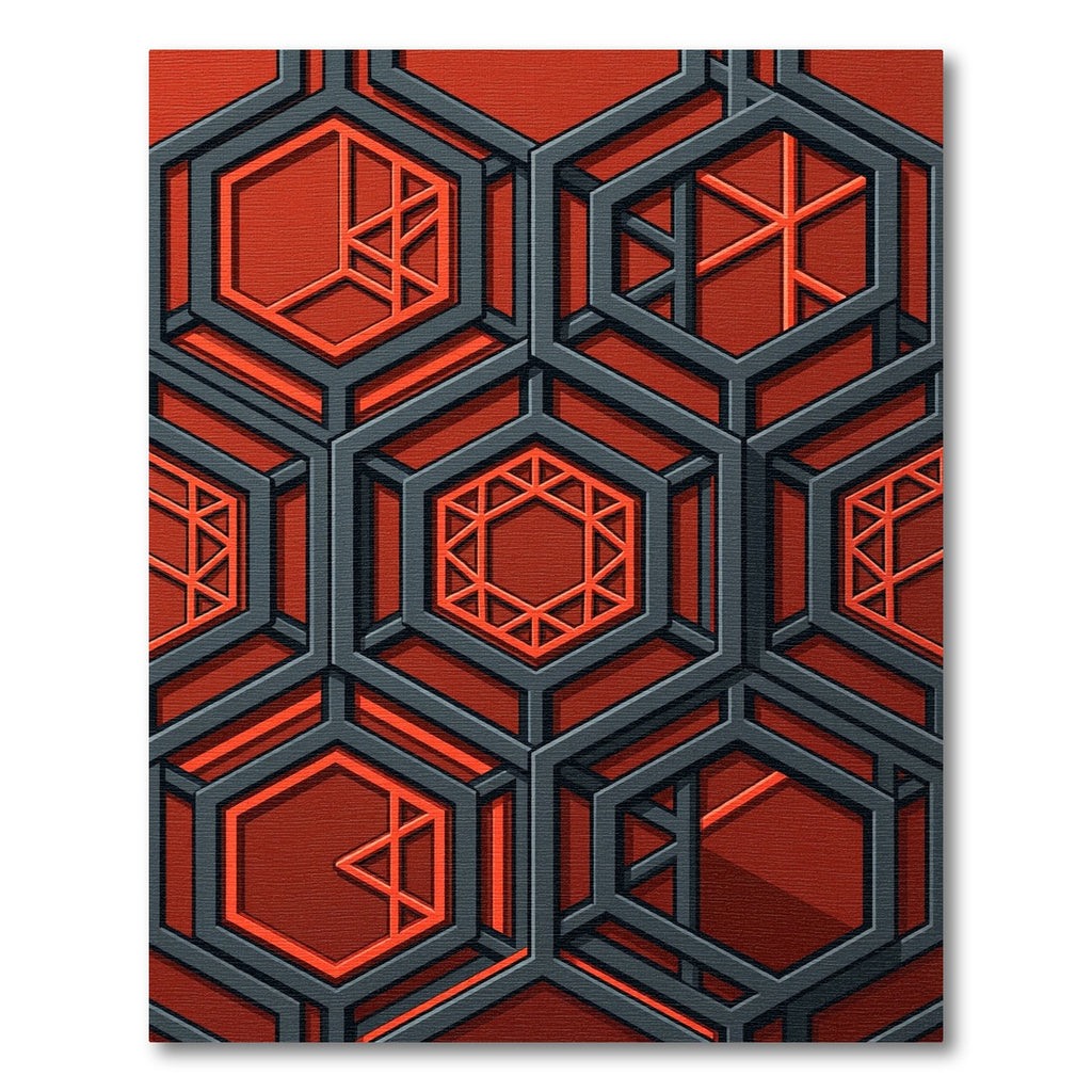Crimson Hexagonal Geometric Structure Rug