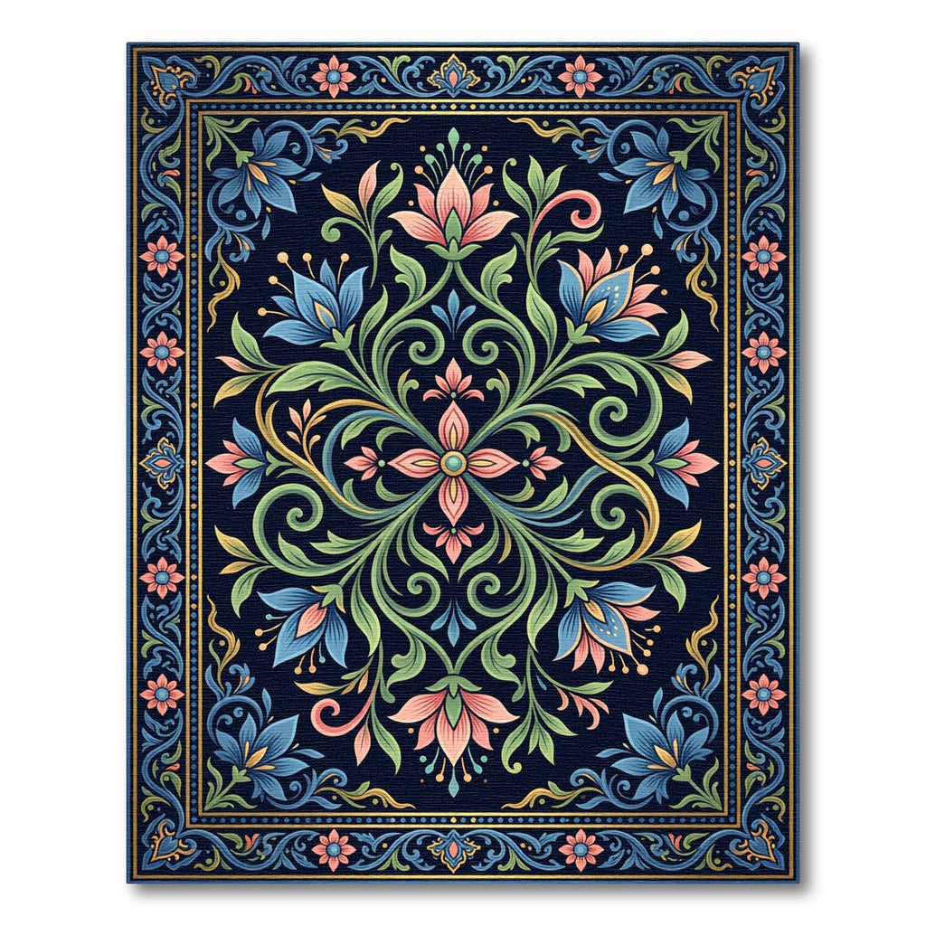 Elegant Navy Floral Botanical Medallion Rug