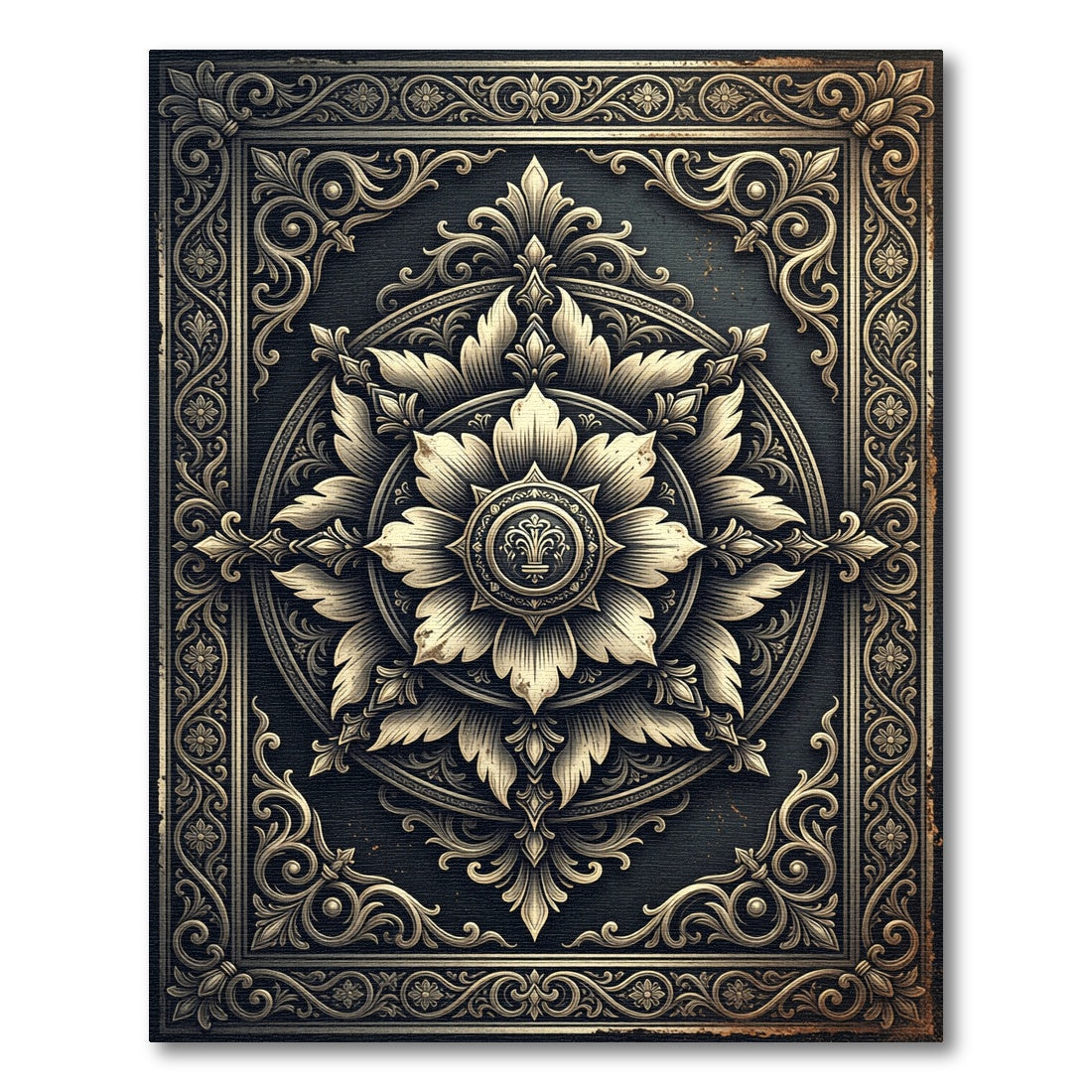 Ornate Antique Gold Floral Medallion Rug