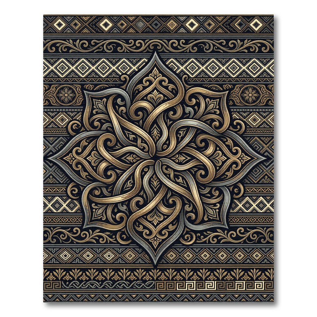 Ornate Gold Charcoal Floral Damask Rug