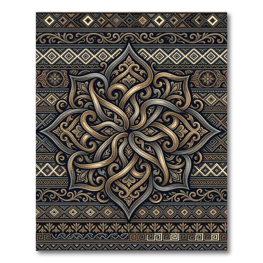 Ornate Gold Charcoal Floral Damask Rug