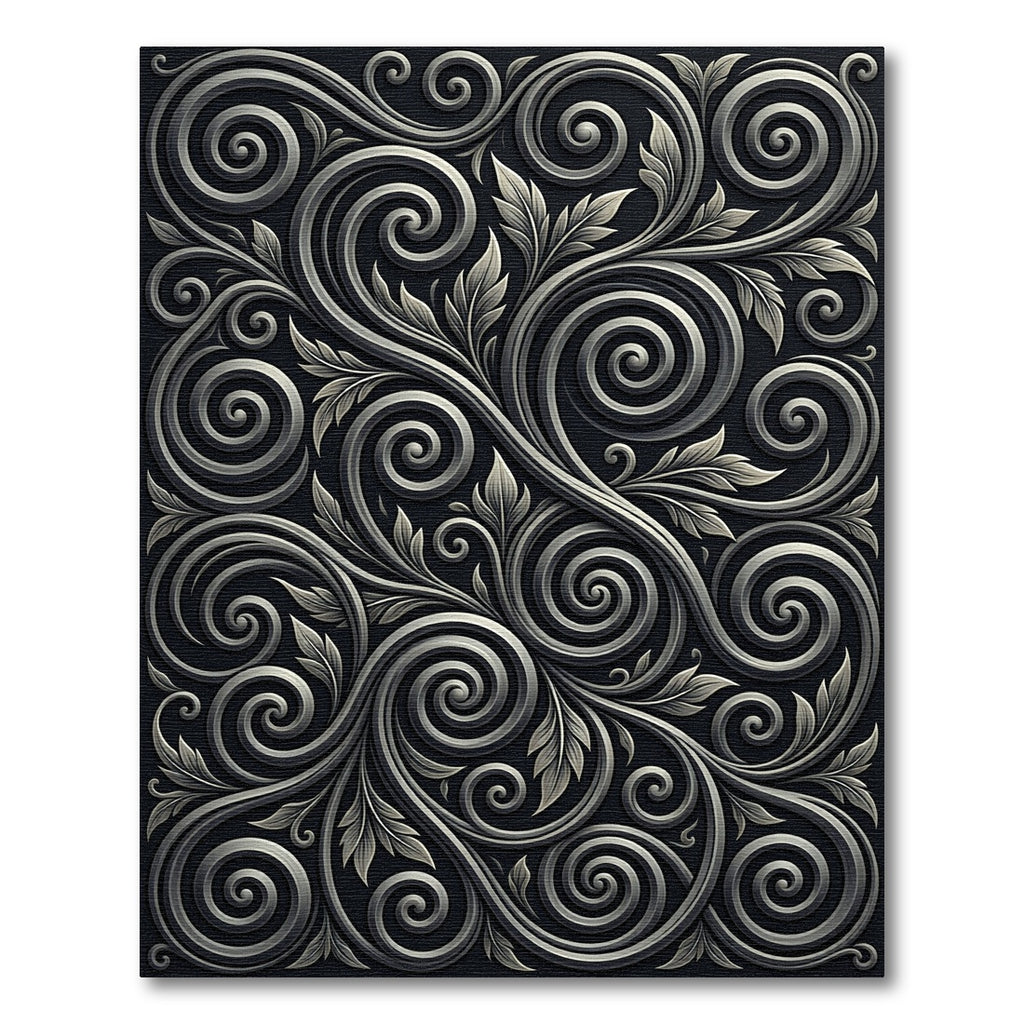 Elegant Black Silver Swirl Floral Rug