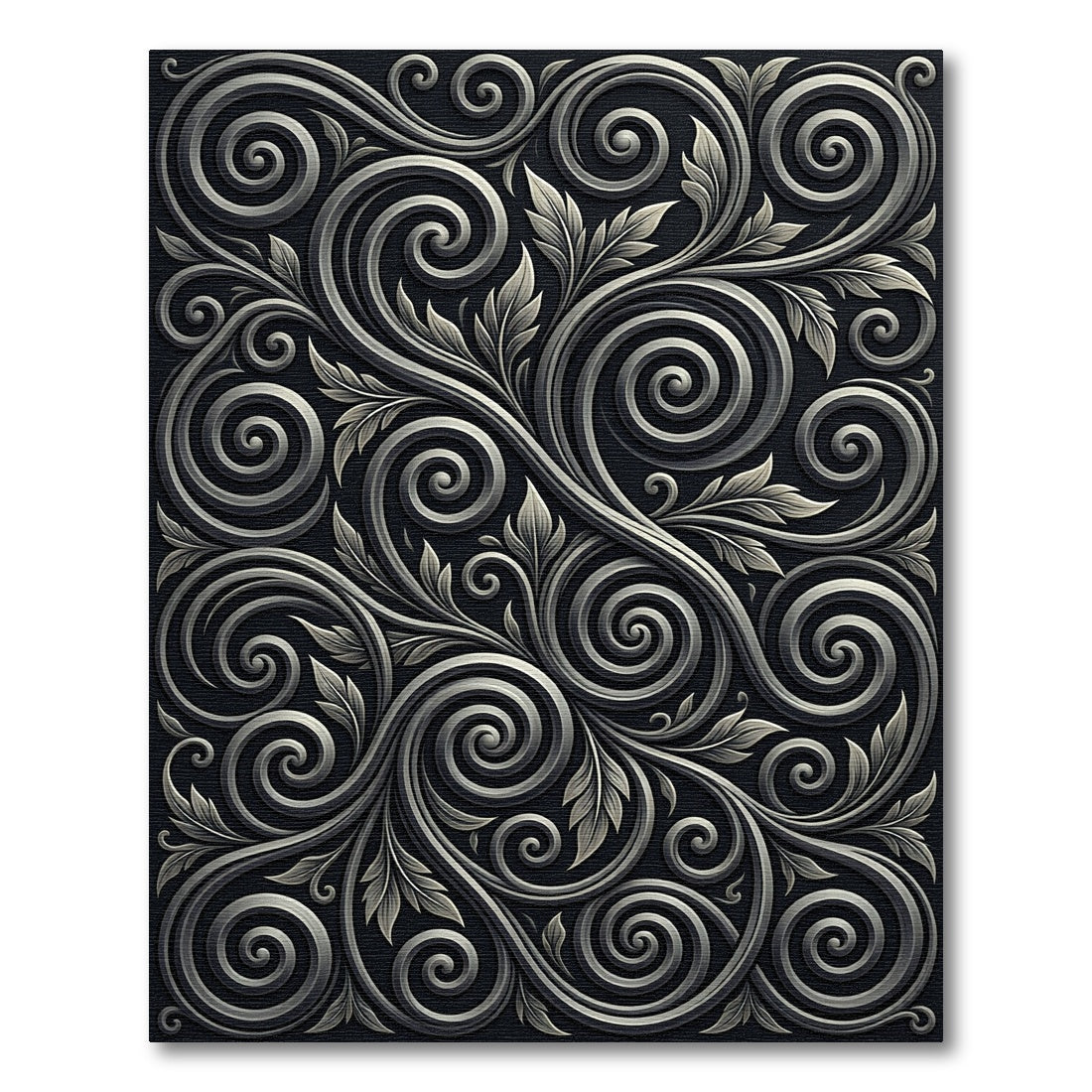 Elegant Black Silver Swirl Floral Rug
