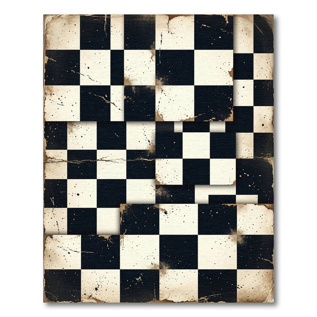 Vintage Black White Distressed Check Rug