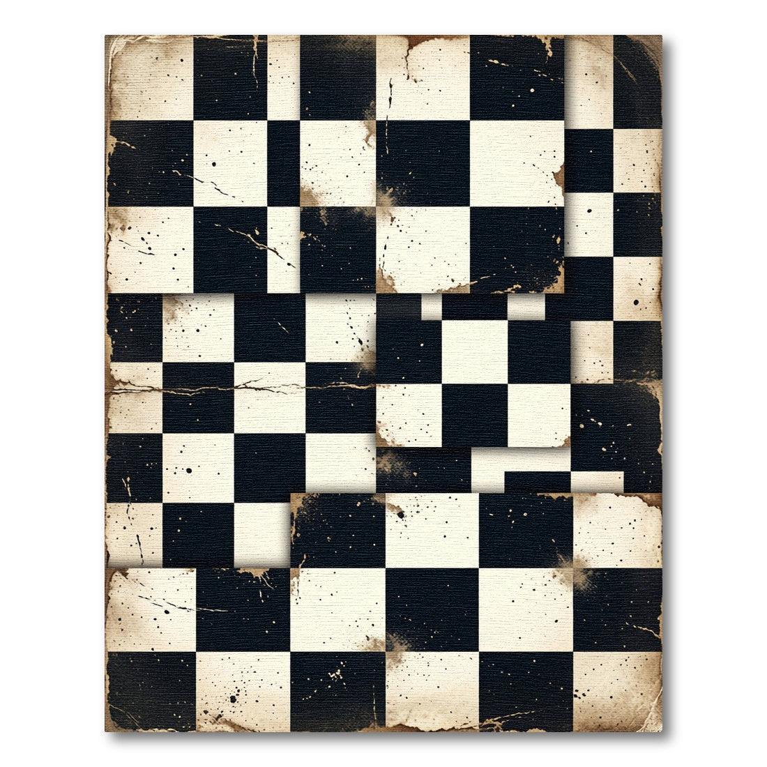 Vintage Black White Distressed Check Rug