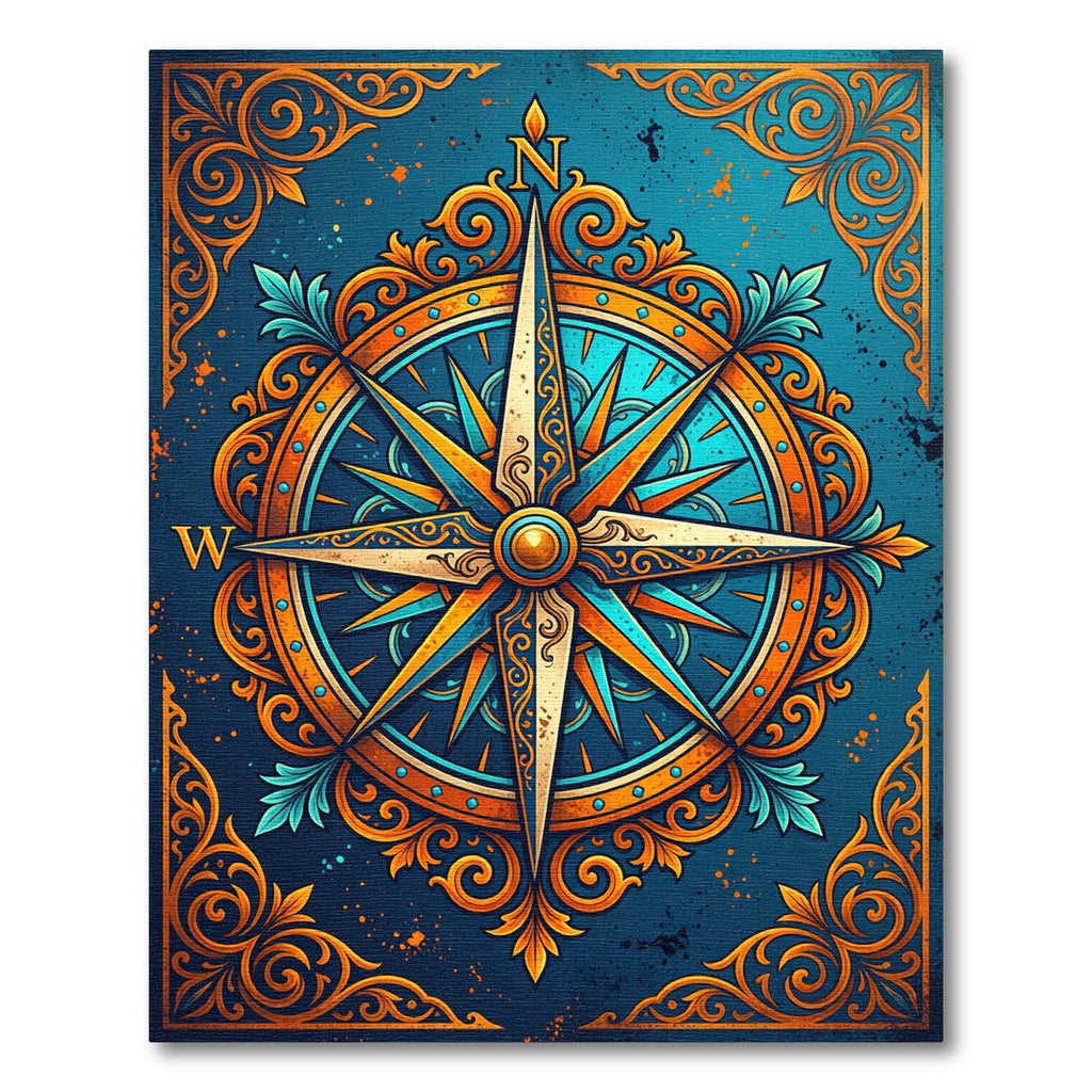 Ornate Azure Compass Nautical Medallion Rug