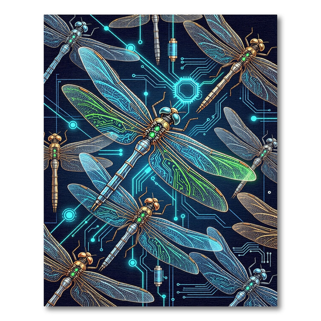 Neon Cyber Dragonfly Circuitry Art Rug
