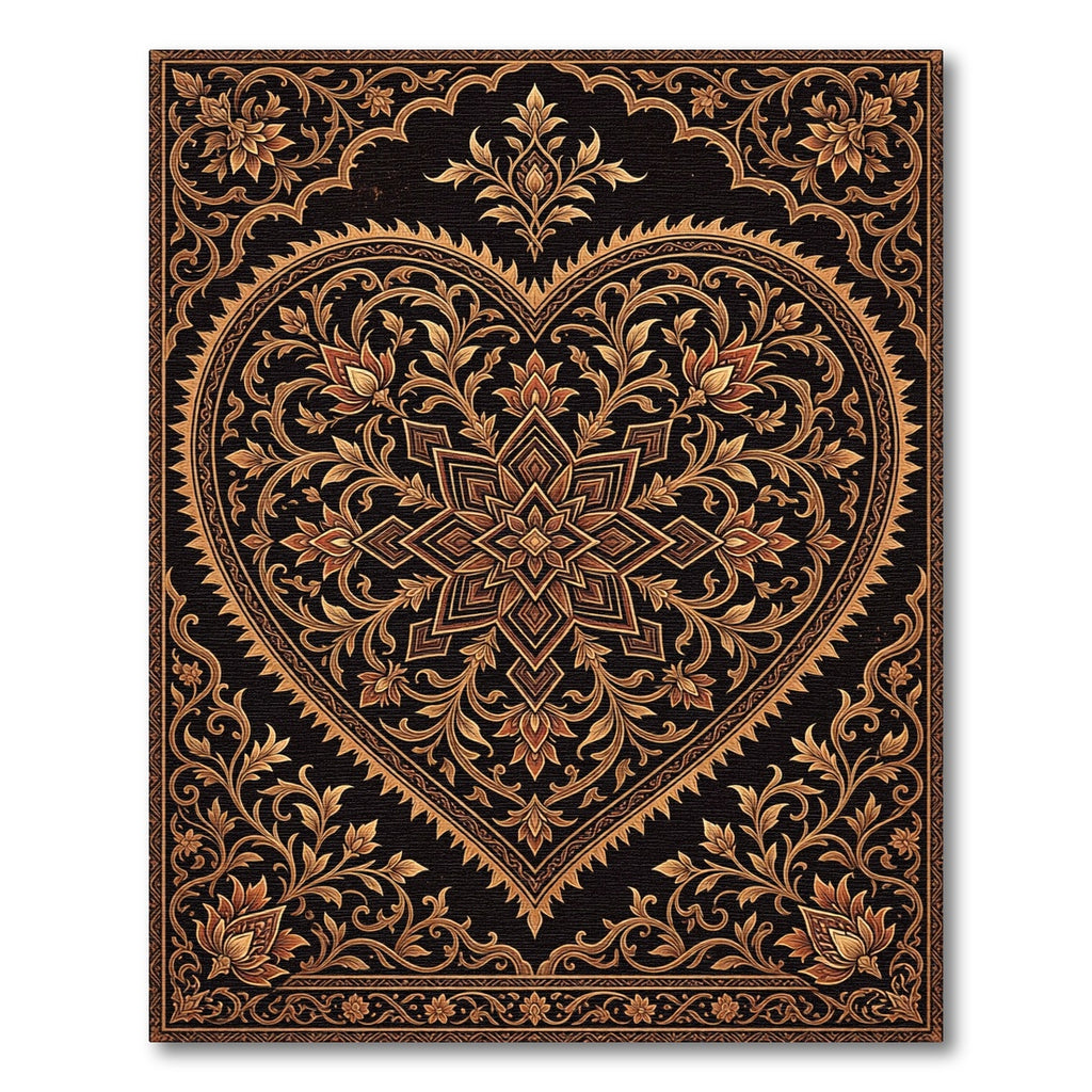 Ornate Gold Heart Floral Scrollwork Rug