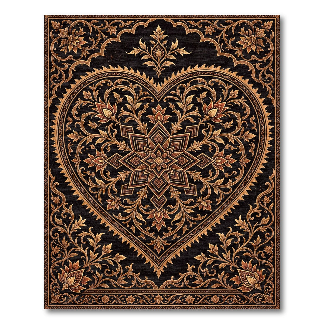Ornate Gold Heart Floral Scrollwork Rug