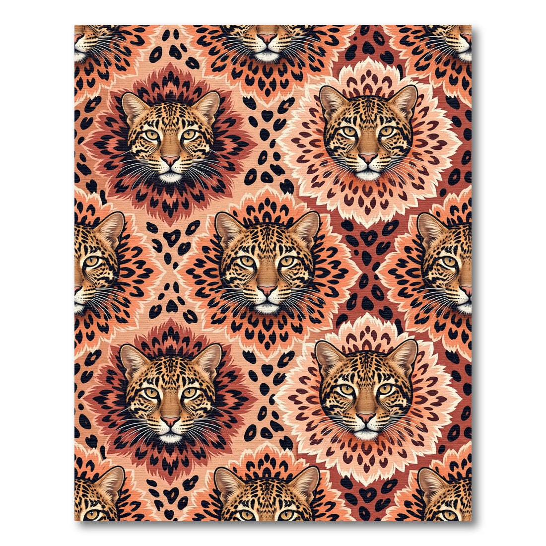 Regal Leopard Face Terracotta Floral Symmetry Rug
