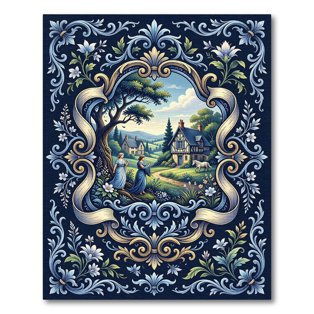 Blue Gold Floral Meadow Landscape Scroll Rug