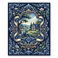 Blue Gold Floral Meadow Landscape Scroll Rug