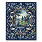 Blue Gold Floral Meadow Landscape Scroll Rug