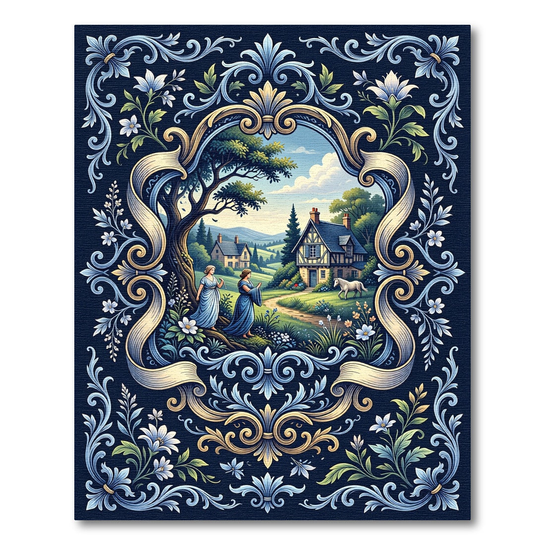 Blue Gold Floral Meadow Landscape Scroll Rug
