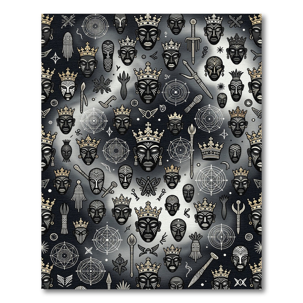 Tribal Masks Gold Crowns Geometric Symbols Rug