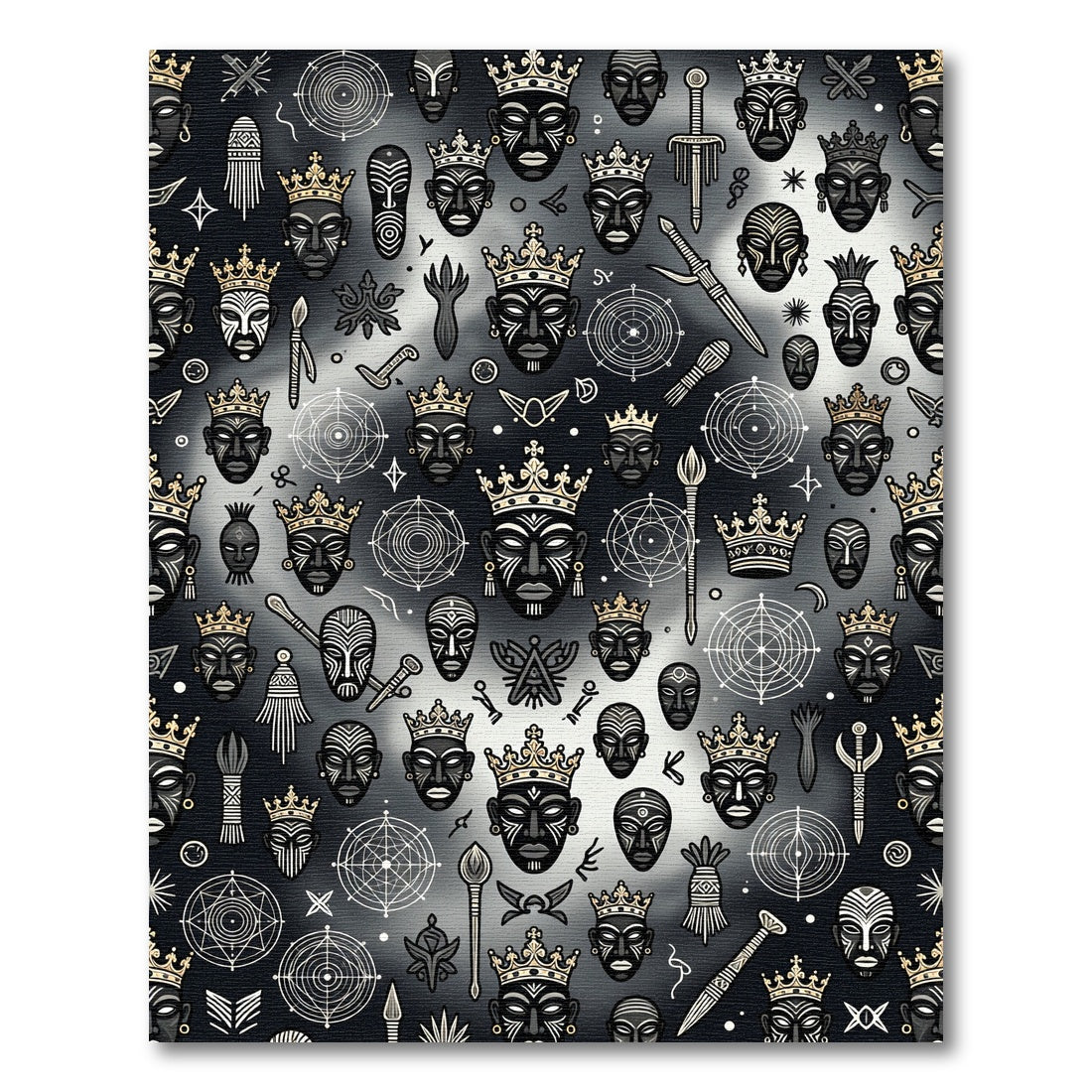 Tribal Masks Gold Crowns Geometric Symbols Rug