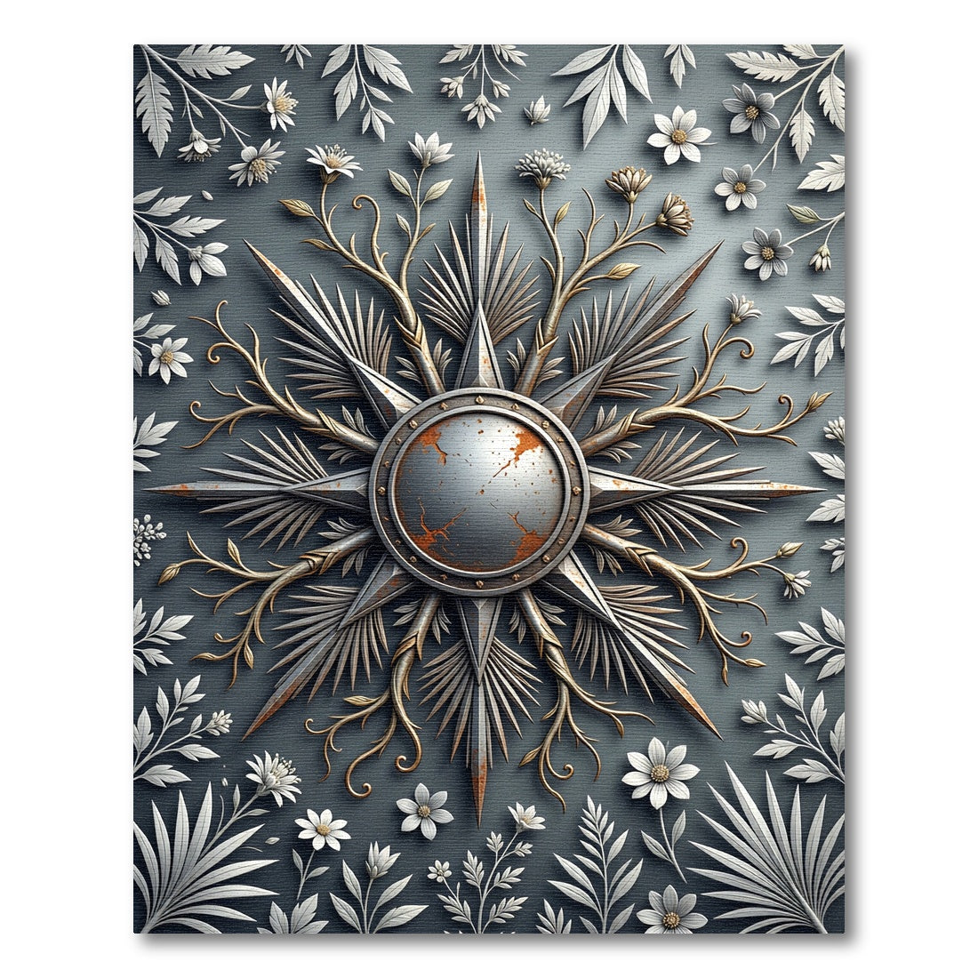 Metallic Starburst and Floral Gray Medallion Rug