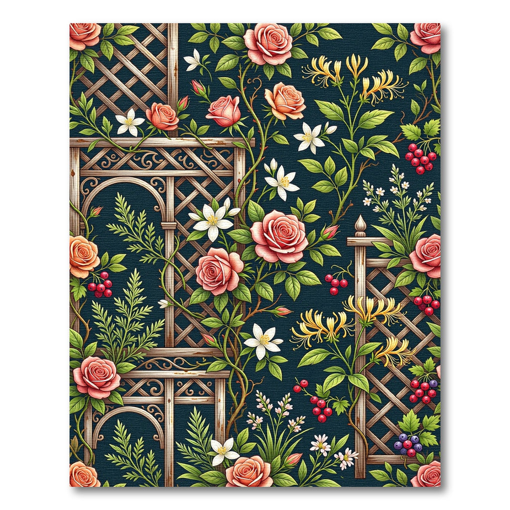 Midnight Botanical Rose Trellis Garden Rug