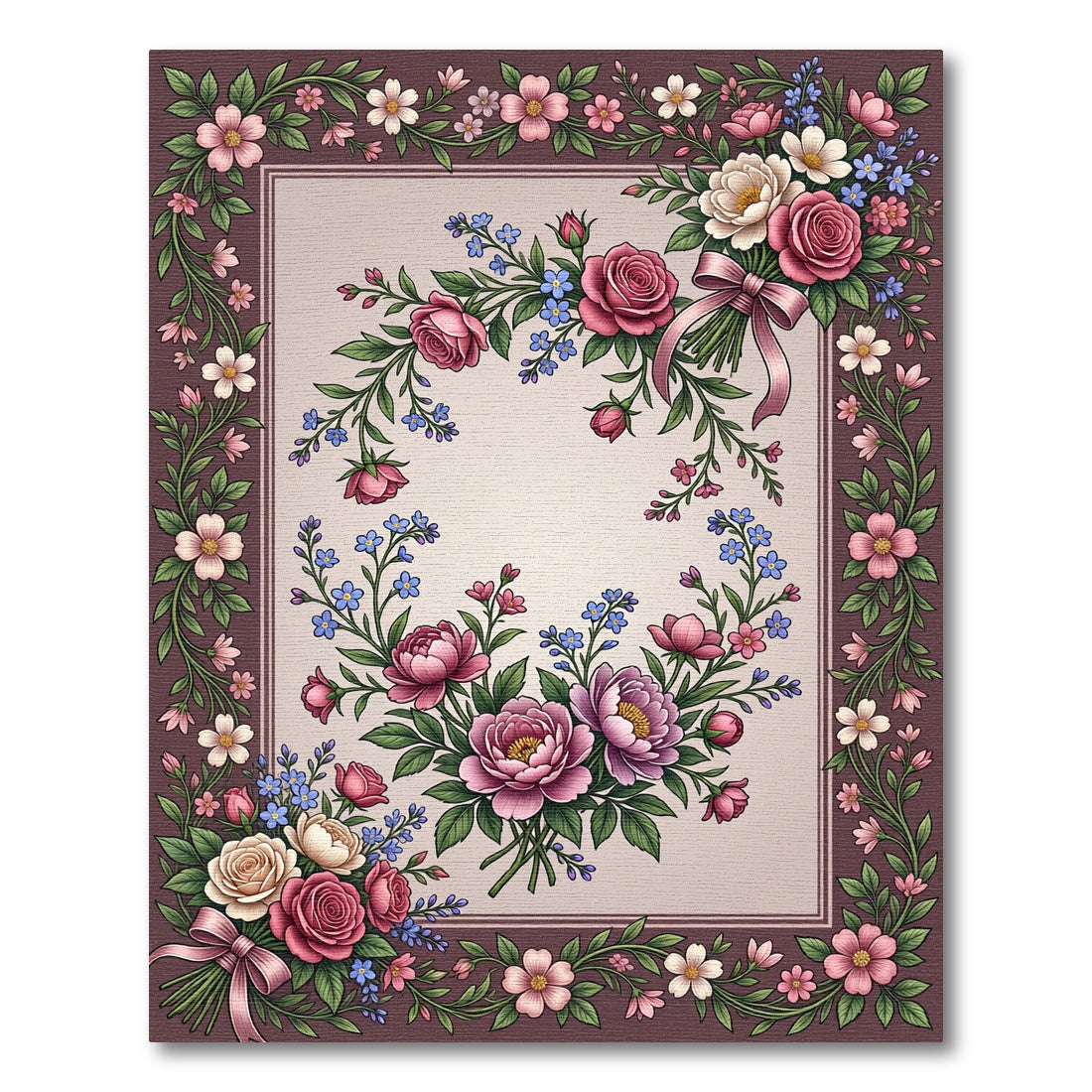 Pink Rose and Peony Floral Wreath Rug