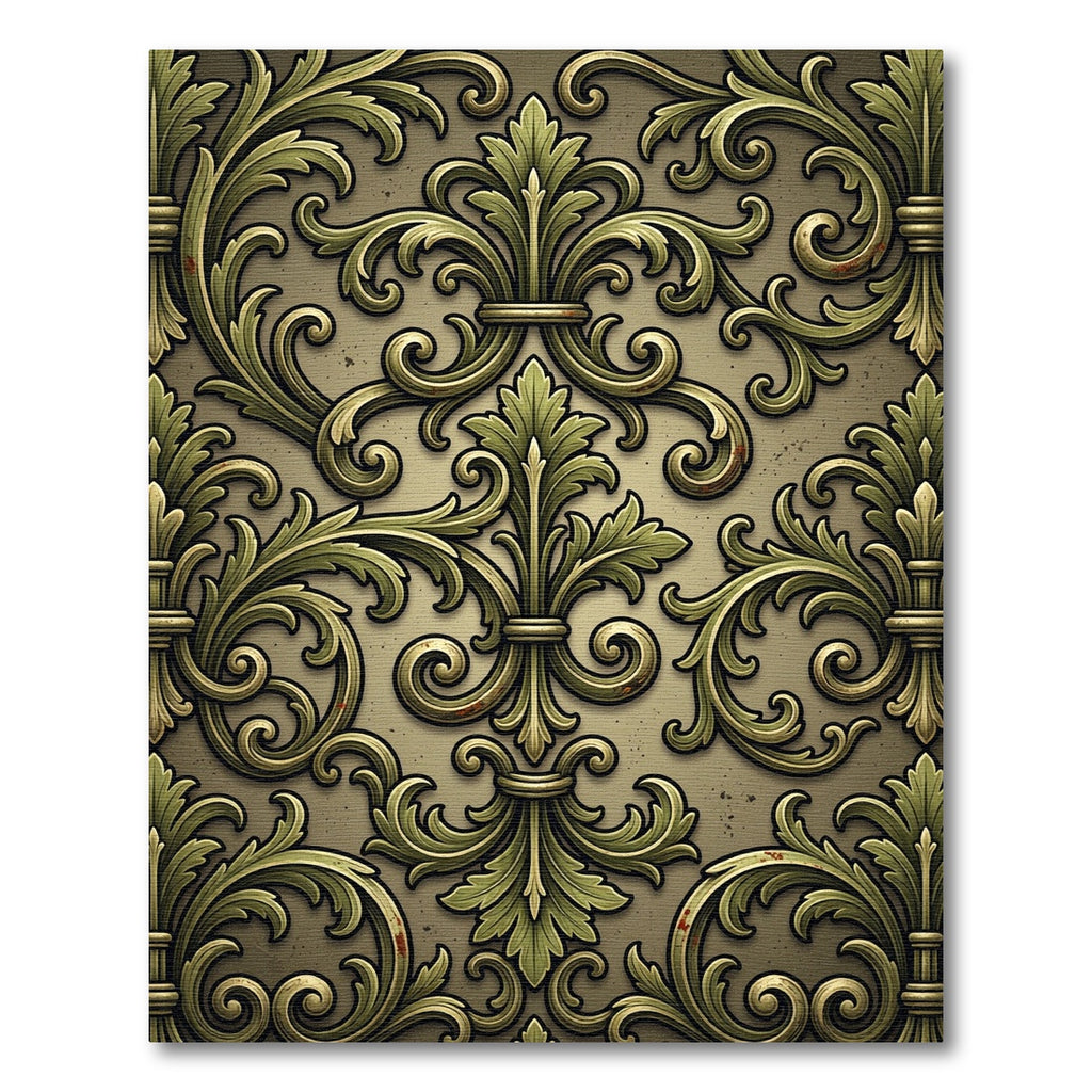 Ornate Gold and Green Scrollwork Rug