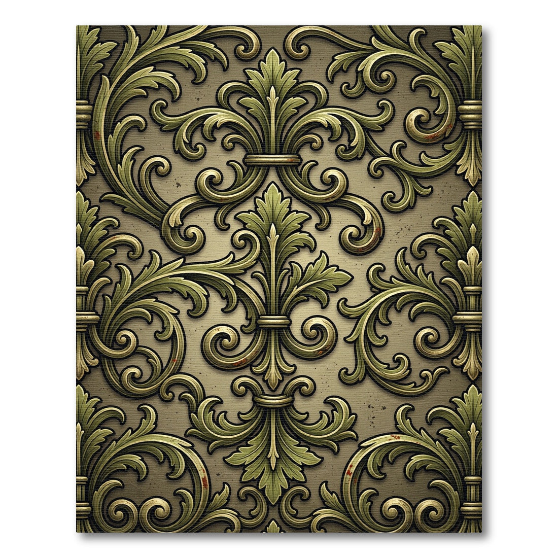 Ornate Gold and Green Scrollwork Rug