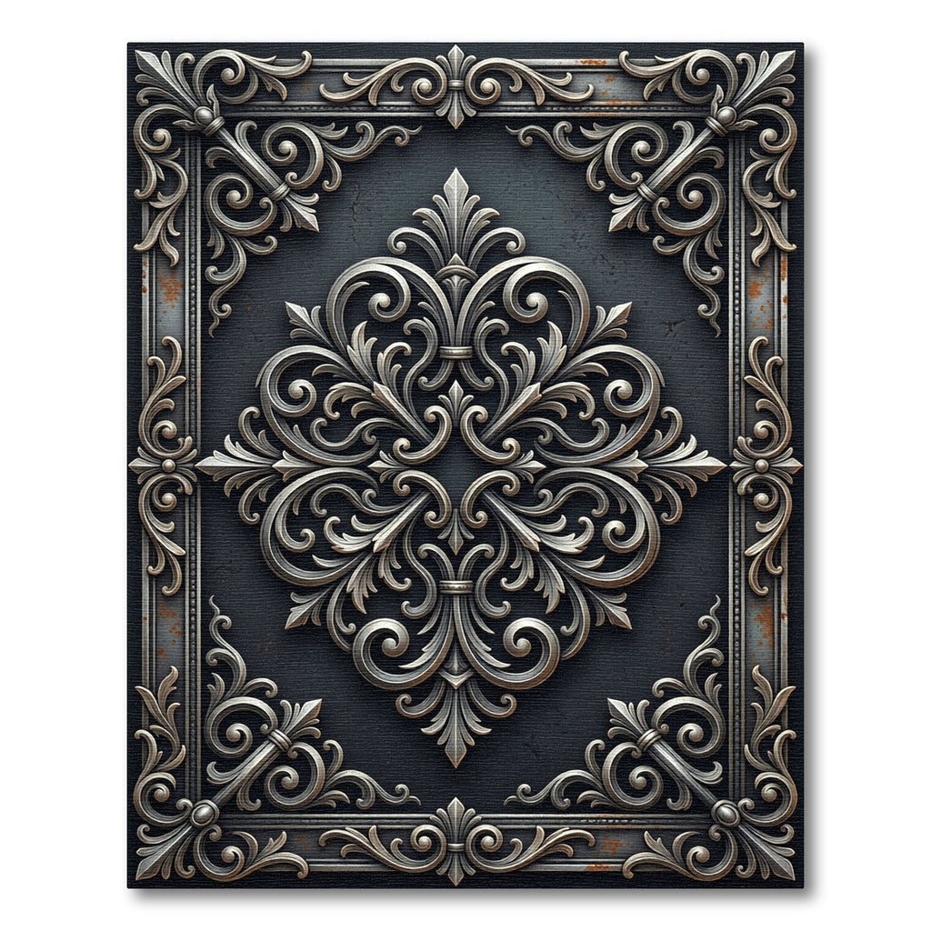Ornate Silver Filigree Charcoal Iron Scroll Rug