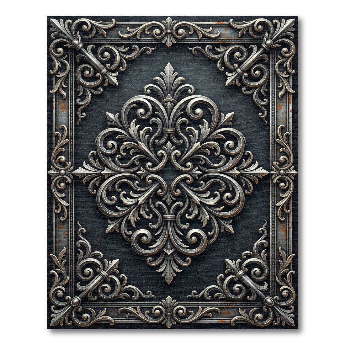 Ornate Silver Filigree Charcoal Iron Scroll Rug