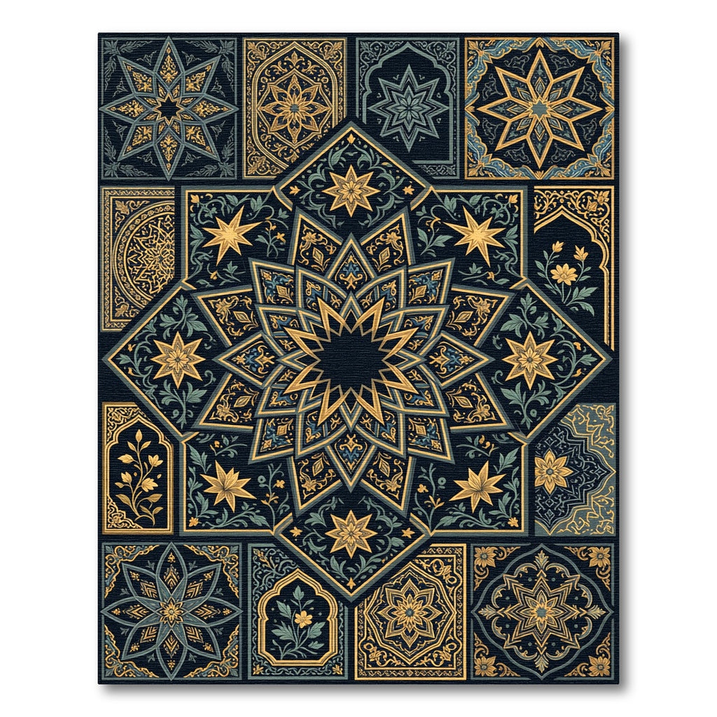 Intricate Golden Starburst Tile Collage Rug